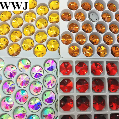

More Colors Sizes 18mm,16mm,14mm,12mm,10mm Round Octagon sew on stones Flatback 2 holes Sewing glass Crystal beads