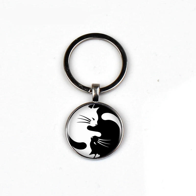 

Fashion black white cat crystal glass keychain men women pendant jewelry door keyring dome charm car ring friend favorite gift