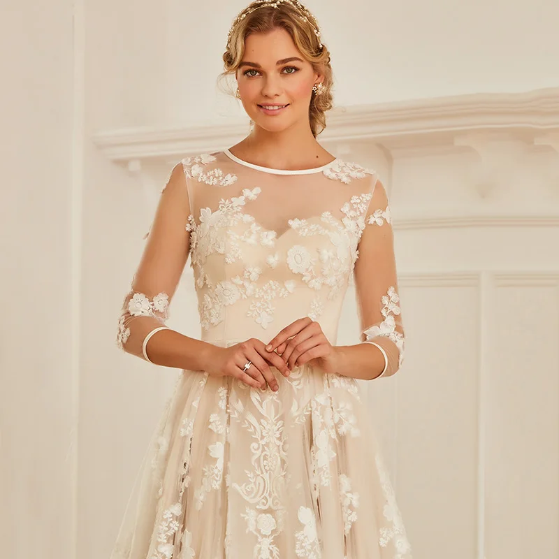 Dressv Элегантное свадебное платье с круглым вырезом и рукавами 3/4, кружевное свадебное платье с аппликацией и пуговицами, длина до пола, свадебные платья для улицы и церкви