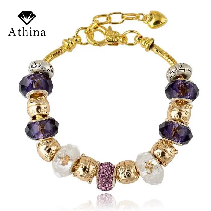 

2017 Fashion DIY Jewelry Gold Bracelets & Bangles Snake Chain Glass Crystal Crown Owl Beads Charm Bracelets For Women SBR150114