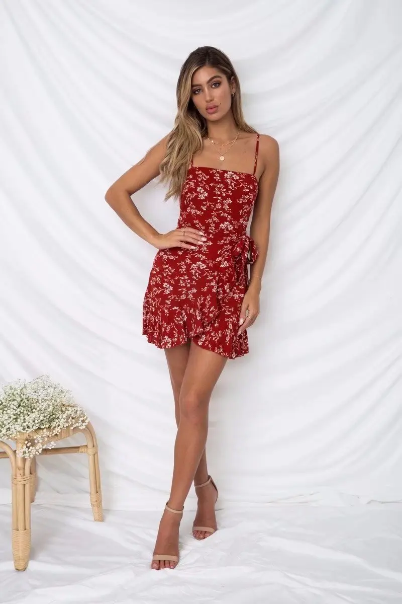 

Beach Dress Vintage Dress Ruffles Overlap Mini Dress Summer Boho Elbise Chiffon A-Line Bohemian Sleeveless Print Sundress
