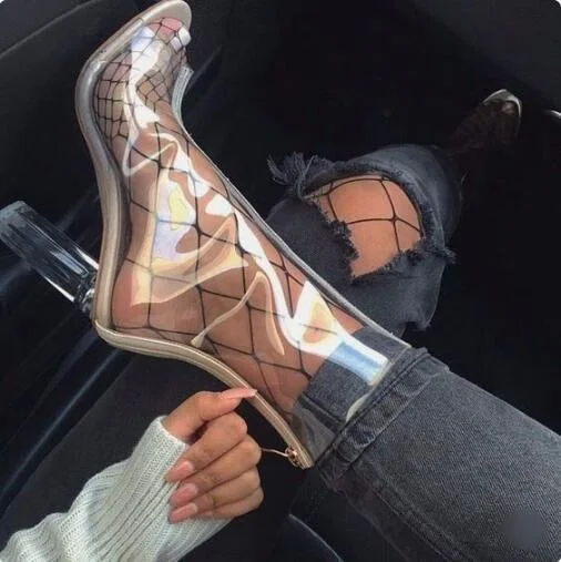 

Hot Selling PVC Transparent Ankle Boots Peep Toe Cut-out Chunky High Heels Short Bootie Clear Ladies Night Club Dress Shoes
