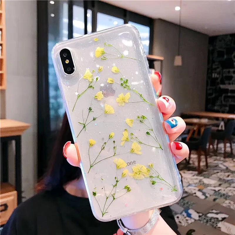 Прозрачный высушенный цветочный блестящий чехол для телефона iPhone 7 8 X XS Max XR 6 6s Plus настоящие цветы задняя крышка Мягкий ТПУ силиконовый чехол