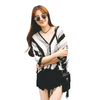 Women Fashion Stripes Blouses Retro V-neck Loose Office Work Wear Shirts Tops 1