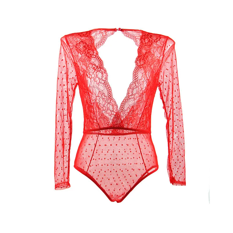Red Lace Bodies Ohyeahlover прозрачное Женское боди для женщин боди Кружевное боди с длинным рукавом боди Mujer размера плюс комбинезоны с v-образным вырезом RM80776 - Цвет: Red Lace Bodies
