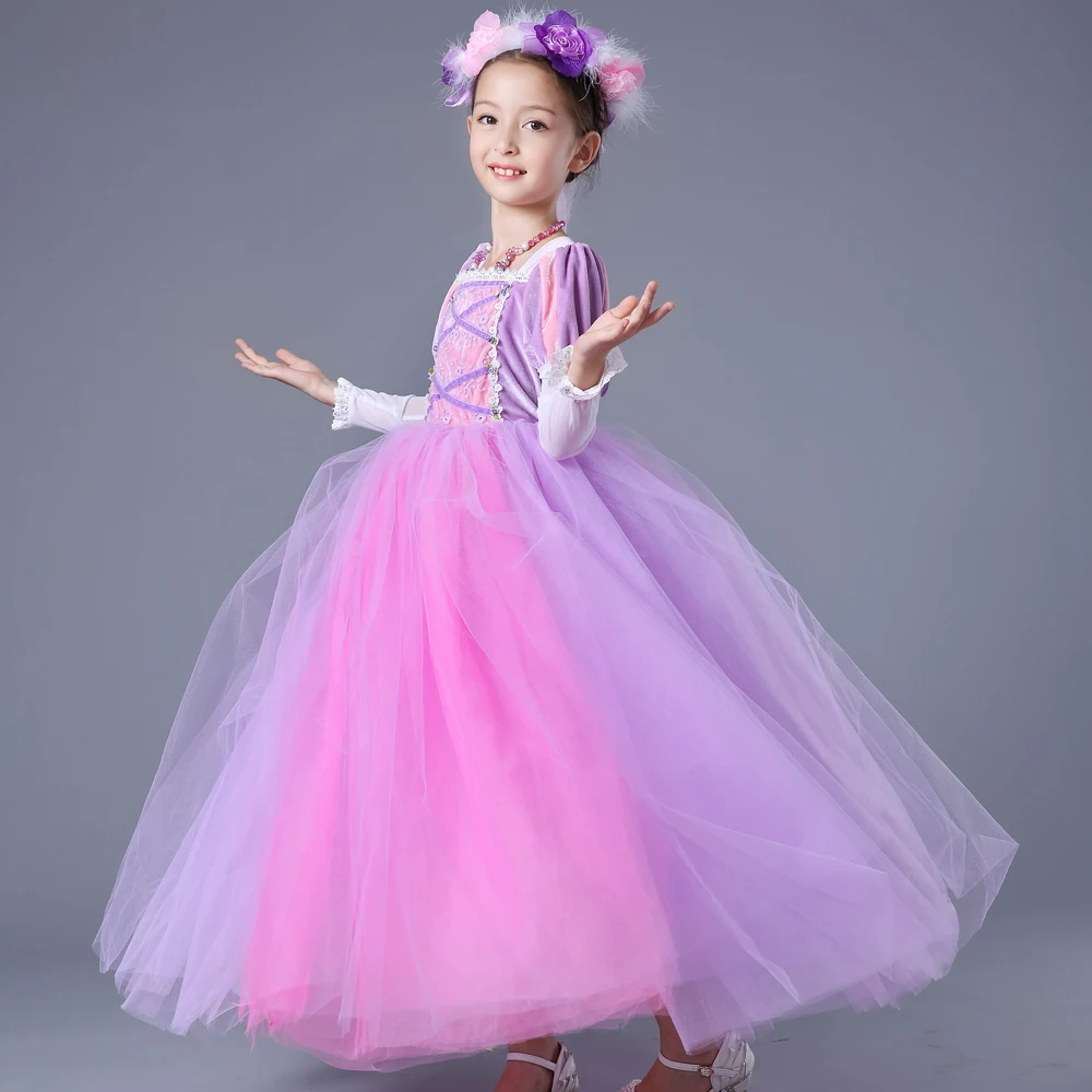 Chrismas Princess Rapunzel dress Girls Costume Tutu Long Dress for Halloween Cosplay Party Full sleeves purple Clothes | Детская одежда