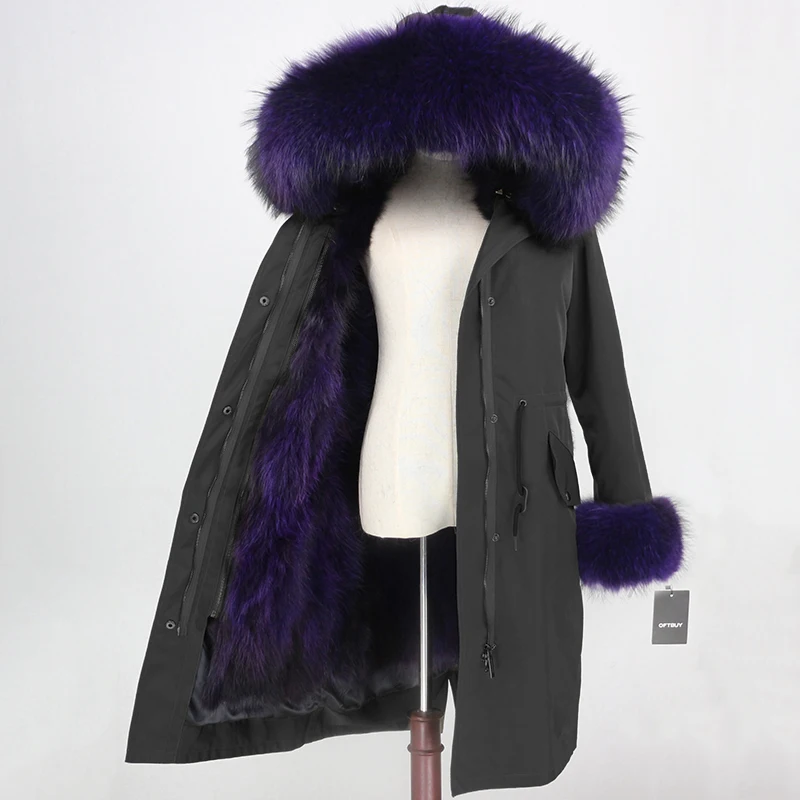 black purple X-long парка, водонепроницаемая ткань, зимняя куртка, Женское пальто из натурального меха, натуральный мех енота, воротник, капюшон, манжеты, Лисий мех, подкладка, съемная - Цвет: black purple