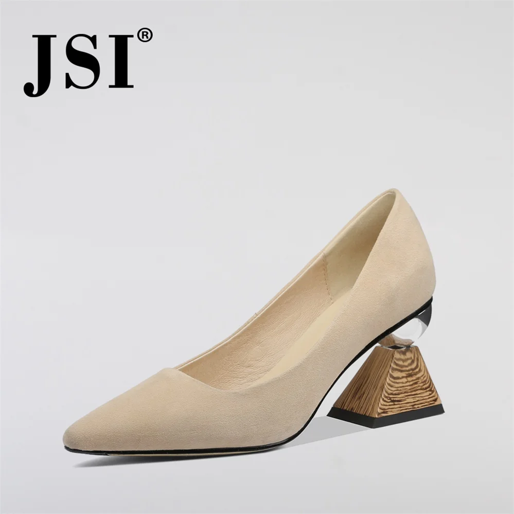 Apricot JSI/весенние повседневные женские туфли-лодочки пикантные женские туфли на высоком каблуке с острым носком без застежки в необычном стиле качественные замшевые туфли-лодочки с закрытым носком JO58 - Цвет: Apricot