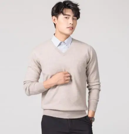 v-neck Camel Кашемировый хлопковый свитер, мужские свитера, Осень-зима, Базовый теплый джемпер pull noel homme, пуловер, мужские вязаные свитера с v-образным вырезом - Цвет: v-neck Camel