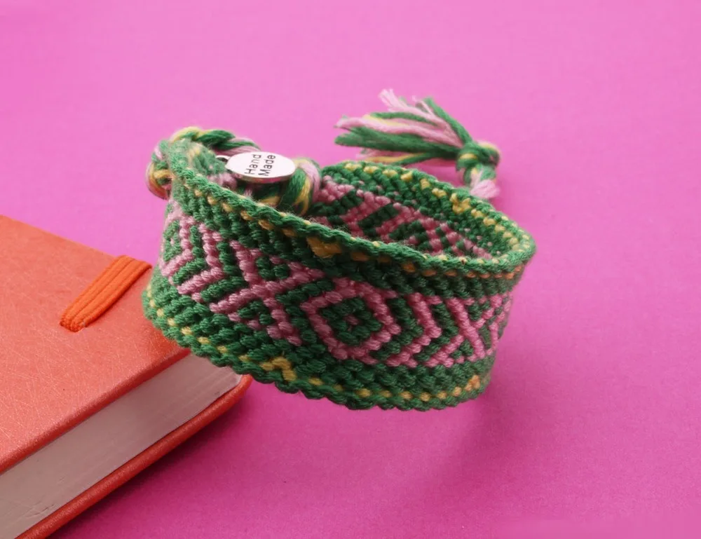 multicolored boho chic woven friendship bracelet cute life green pink yellow embroidery thread macrame cross prismatic | Украшения и