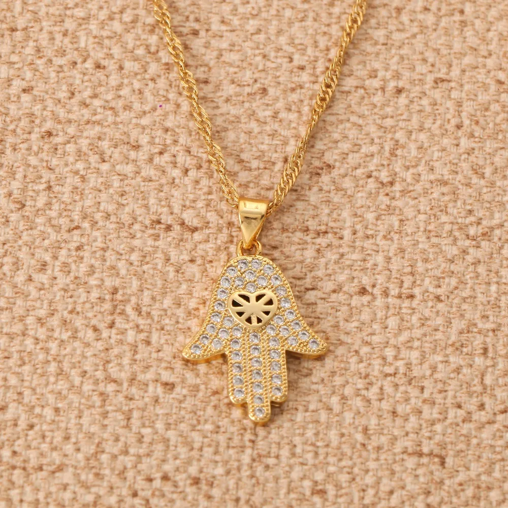 Женский кулон в виде сердца Hamsa с 24 каратным золотым наполнителем Ювелирное