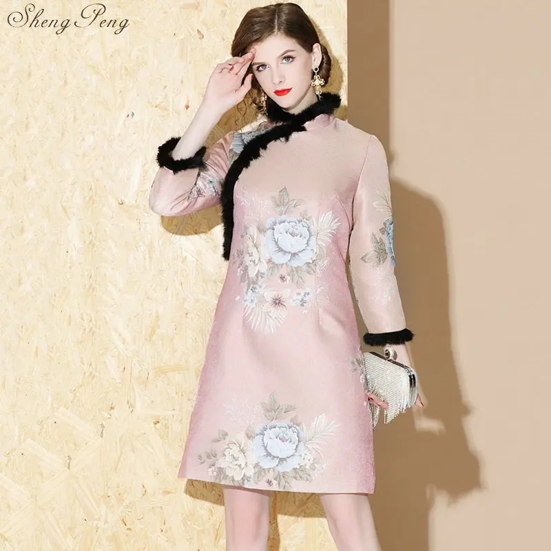 Шерстяное платье Ципао из смешанного искусственного меха на осень и зиму