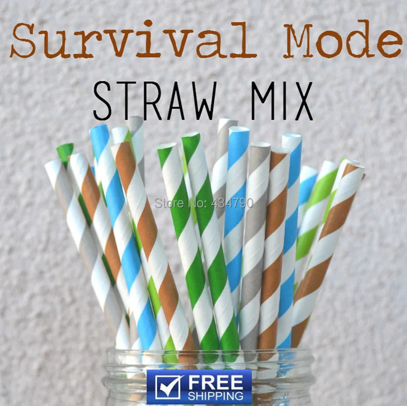 

250pcs Mixed 5 Designs Green Blue Brown Gray Lime Striped Paper Straws Wholesale - Survival Mode - Party Supplies Decorations