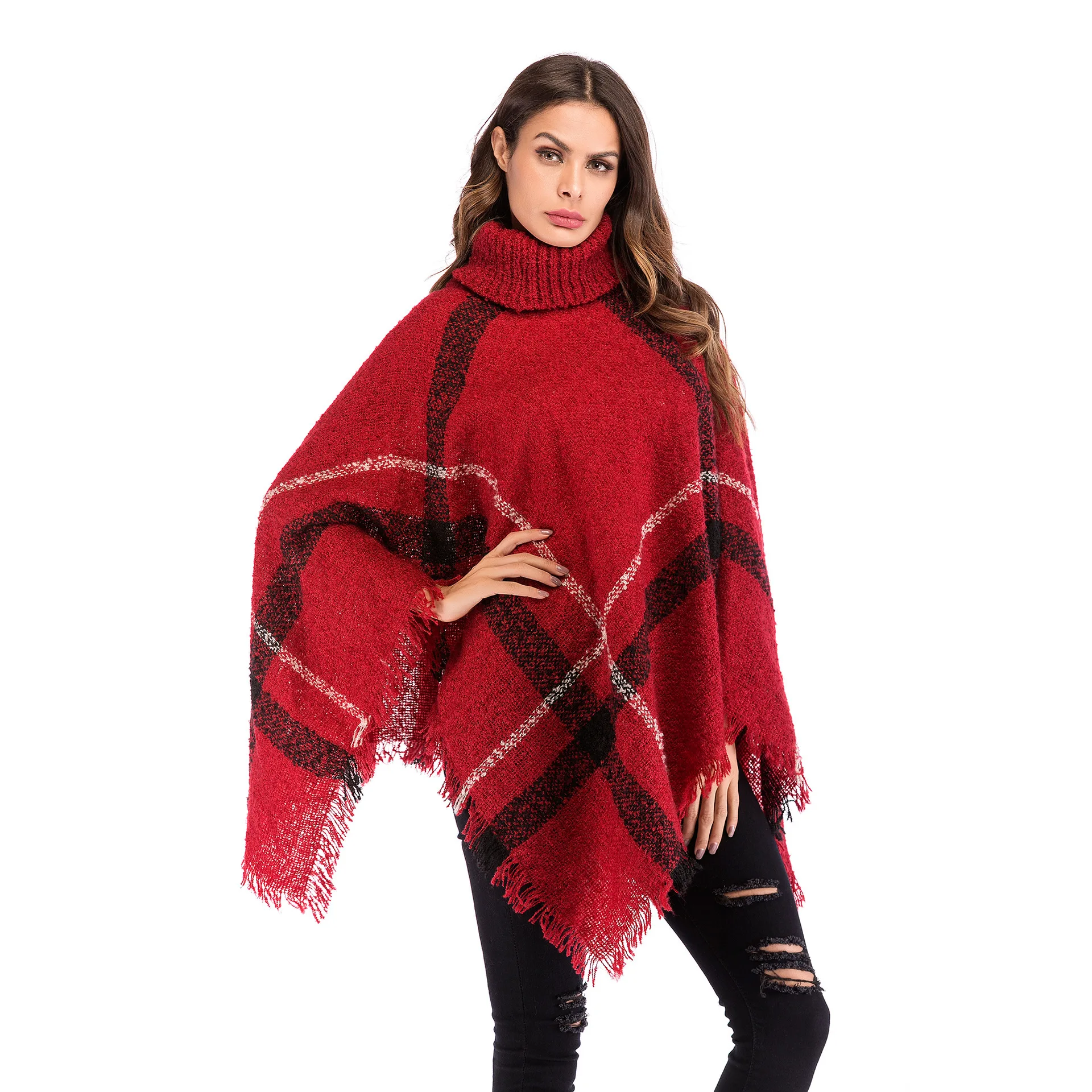 

style 2018 autumn and winter office lady cloak woman sweater hot Europe American style turtleneck tassel plaid female sweater