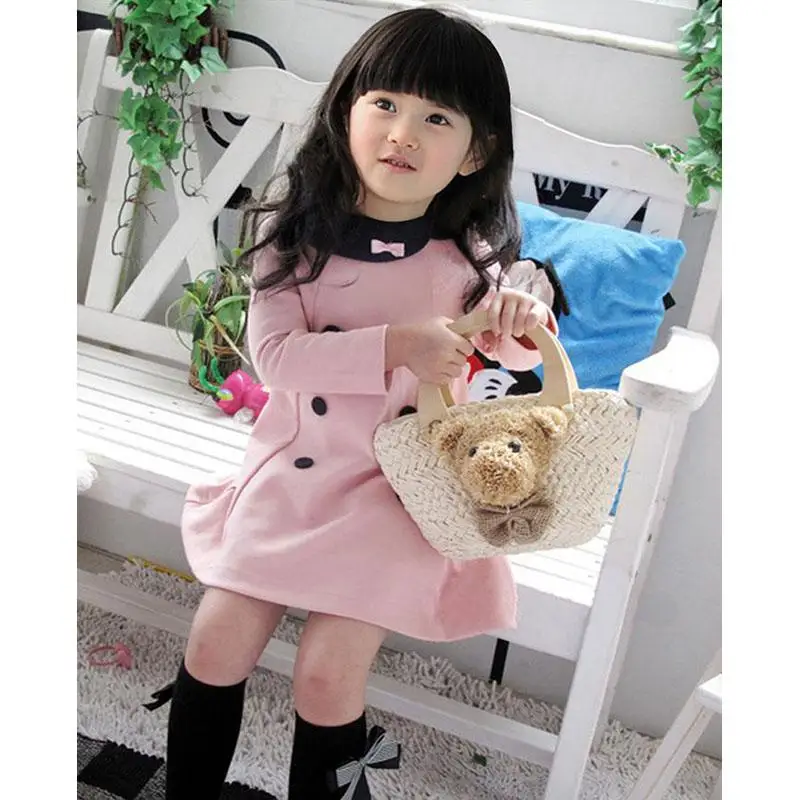 2016 Новая Коллекция Весна Осень Девушка Платье С Длинным Рукавом Двубортный