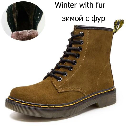 khaki Plush lining Женские ботинки; doc martins; коллекция года; винтажные классические ботинки martin в британском стиле из коровьей замши; женские мотоциклетные ботинки на толстом каблуке - Цвет: khaki Plush lining