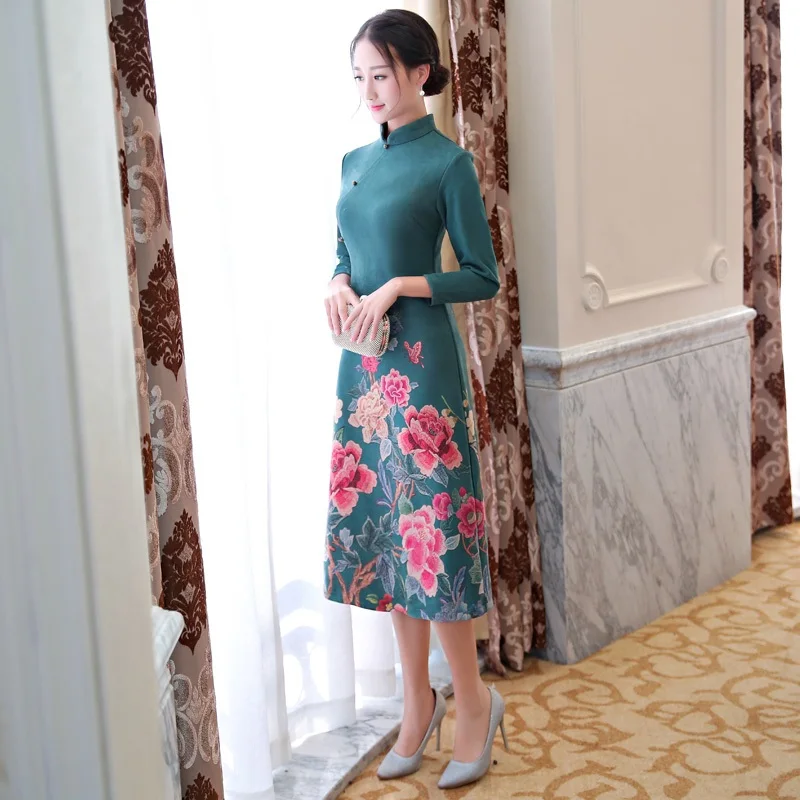Женское платье-Ципао элегантное китайское платье миди с цветочным принтом и