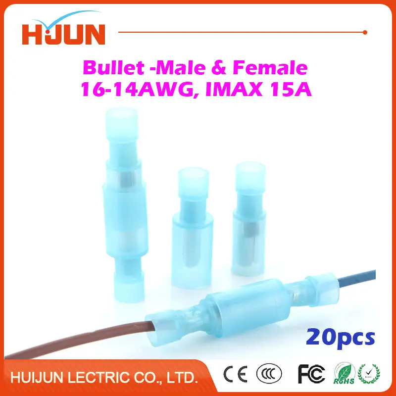 

20pcs/lot Bullet-Male & Bullet-Female Blue Quick Disconnect Wire Splice Insulation Terminal Connector 16-14AWG 1.5-2.5mm2 15A