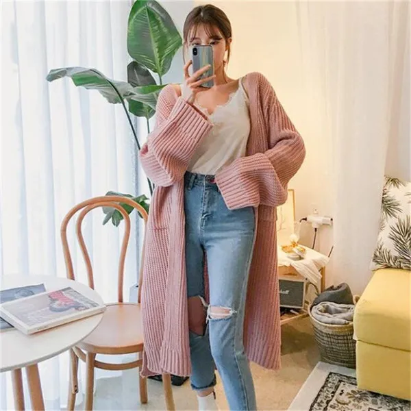 pink Cardigan Neploe, однотонный вязаный длинный женский кардиган, длинный рукав,, корейский женский свитер, свободный, Повседневный, Осень-зима, Chaqueta Mujer 68405 - Цвет: pink Cardigan