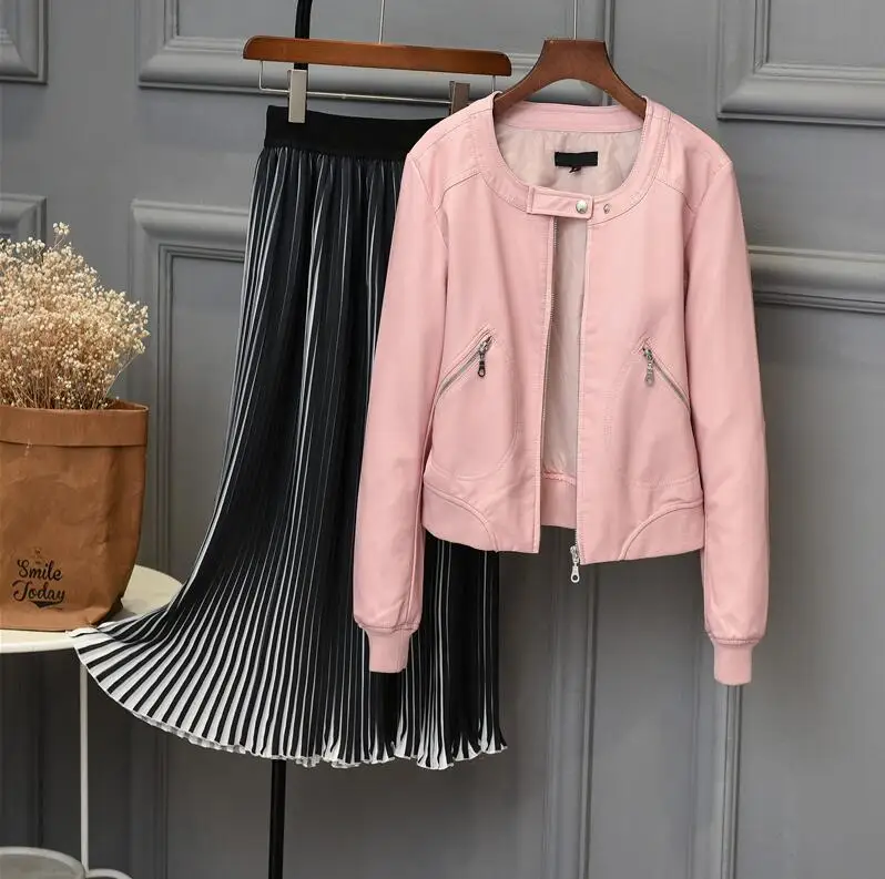 2017 искусственная кожаная куртка для женщин с молнией Круглый воротник