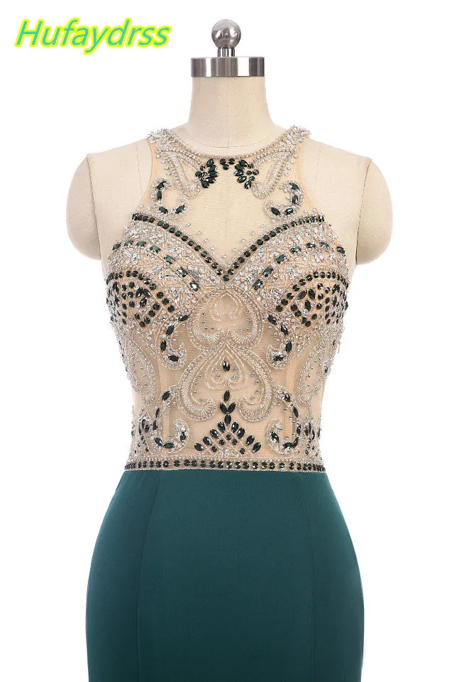 Вечерние платья Длинные 2018 темно-зеленый Бусины Кристалл Иллюзия Русалка Vestido De