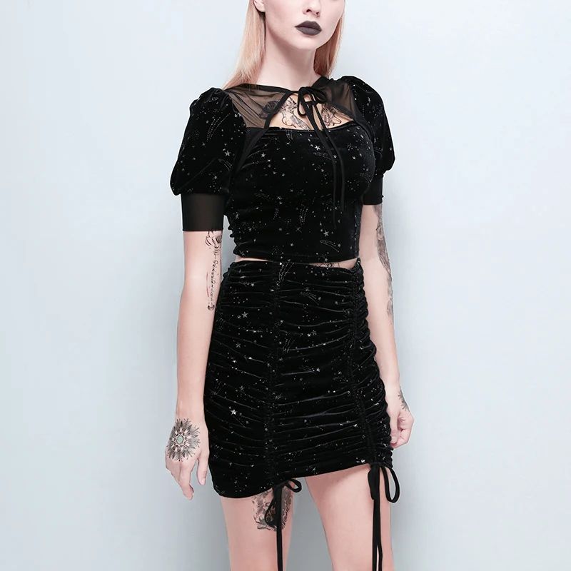 Готический Стиль черная бархатная юбка комплект Женский Велюровый из 2 предметов