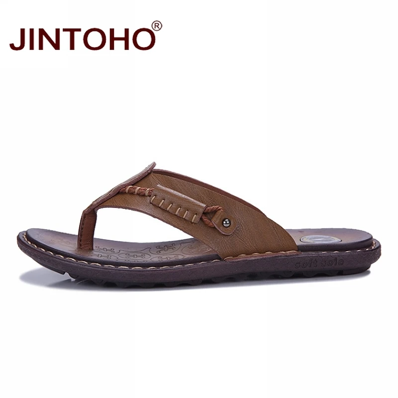Лето jintoho/пляжная обувь; Вьетнамки; тапочки для мужчин; модные кожаные шлепанцы; Летние вьетнамки; брендовые шлепанцы