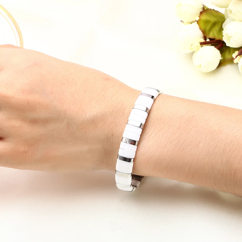 Мужской браслет амулет черный/белый керамический из нержавеющей стали с