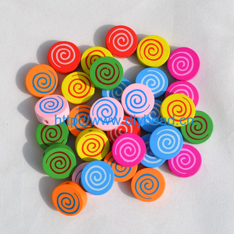 

100 шт./лот DIY модные ювелирные бусы, ювелирные аксессуары, деревянные бусины с мультяшным принтом, мультяшный леденец, разные цвета