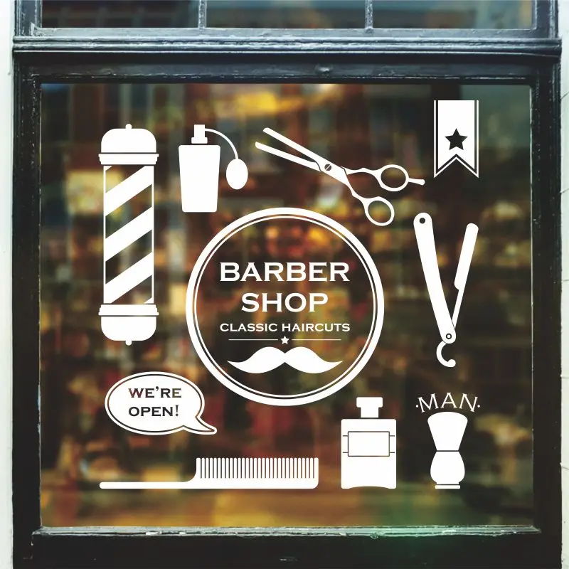 CHM- hombre Barber Shop Salon de belleza la pared ventana herramientas para el cabello etiqueta estilista 876 | Дом и сад