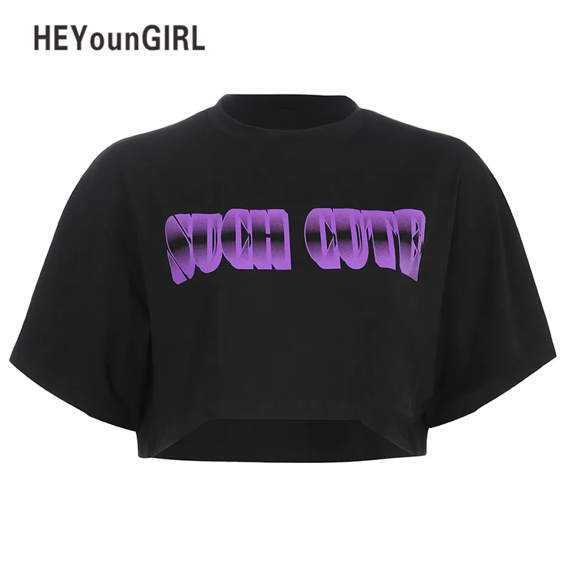 Черный HEYounGIRL черная футболка женская короткий рукав Повседневный свободный кроп-Топ Harajuku с буквенным принтом Футболка Женская корейский стиль - Цвет: Черный