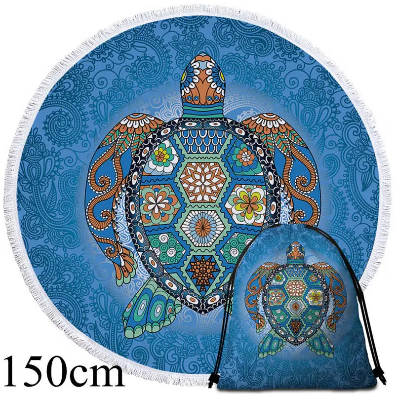 Towel 150cm-Bag Постельные принадлежности Outlet Черепашки большой круглый пляжное полотенце черепаха Пейсли микрофибра банное полотенце кисточка животное богемный цветочный Синий Гобелен - Цвет: Towel 150cm-Bag