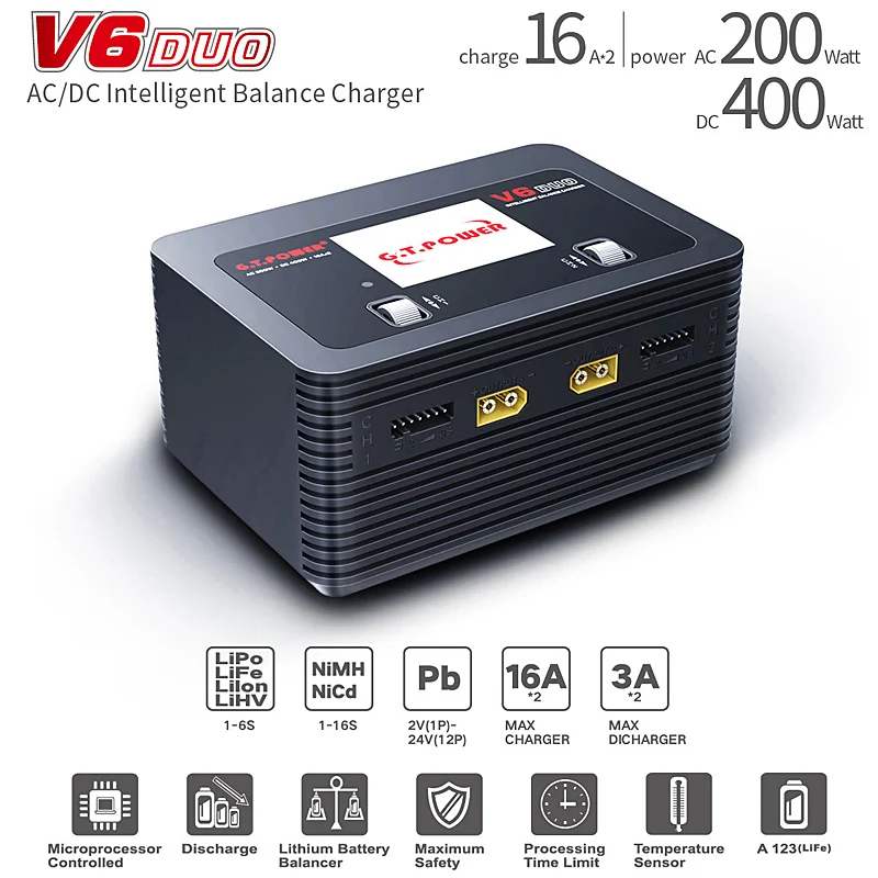 Зарядное устройство FATJAY G.T.Power V6 DUO AC 200 Вт DC 400 Вт 2X16A зарядное устройство для 1-6S Lipo аккумулятора для RC hobby