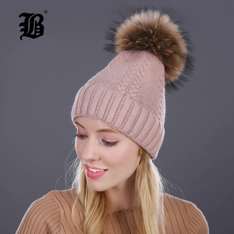 

[FLB] 100% Real Mink Fur Pom Poms Winter Hat Knitted Wool Hats For Women'S Beanie Girl 'S Brand New Thick Bonnet Female Cap