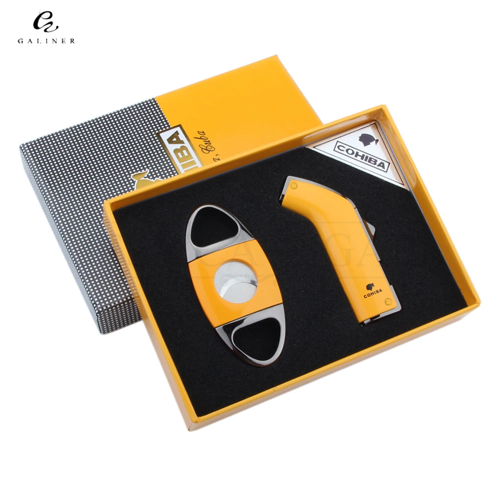 COHIBA набор зажигалок для сигар 2 Пламенные газовые зажигалки сигары Металл