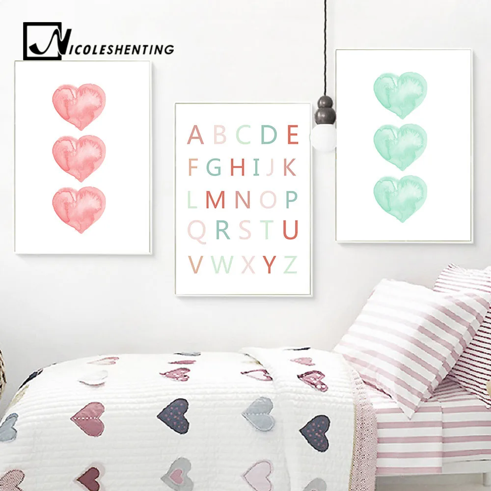 Акварель сердце алфавита от A до Z Wall Art Постеры-холсты питомник печатает Большая Картина на холсте Nordic изображение украшение для детской комнаты