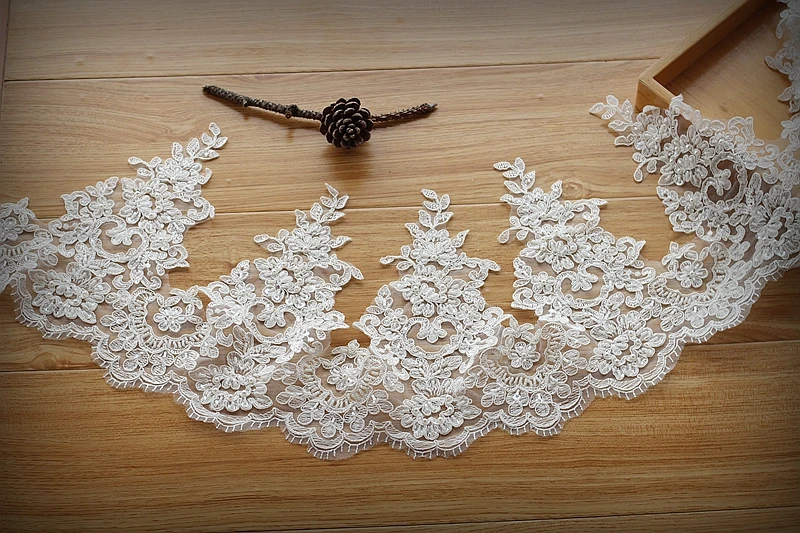 

Ivory Alencon Lace Trim High Quality Hand Made Beaded Sequined Wedding Lace Trim Embroidered Retro Lace Bridal 8.67''Wide 1yard