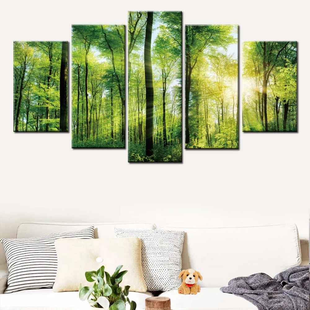 5 панельных холщовых картин солнечный свет зеленый лес пейзаж плакат Модульная