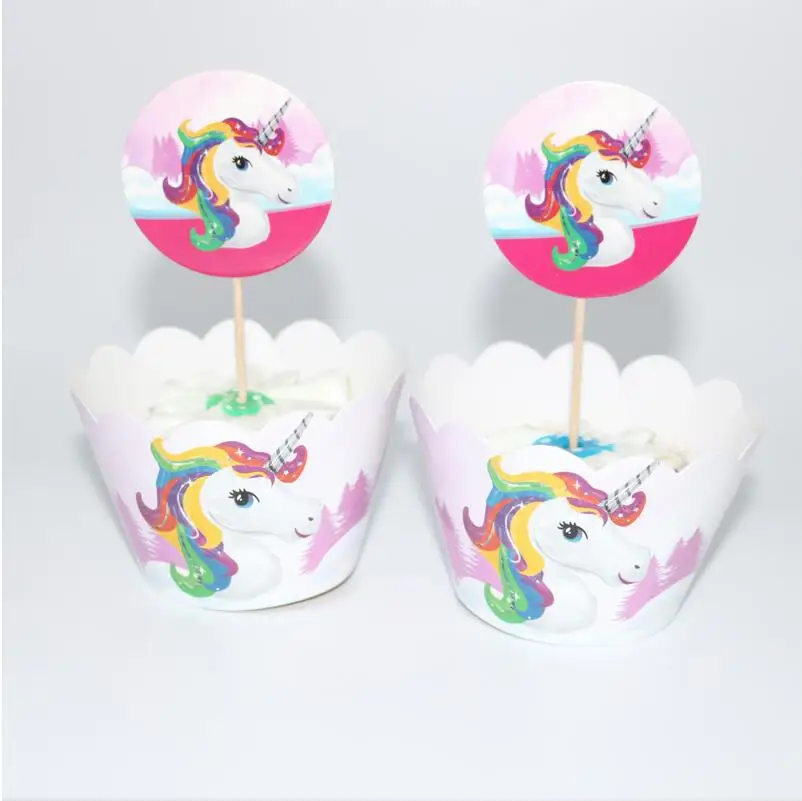 

24pcs/pack Baby Shower Birthday Party Kids Girls Favors Decoration Unicorn Theme Cupcake Wrappers Cake Toppers Without Sticks
