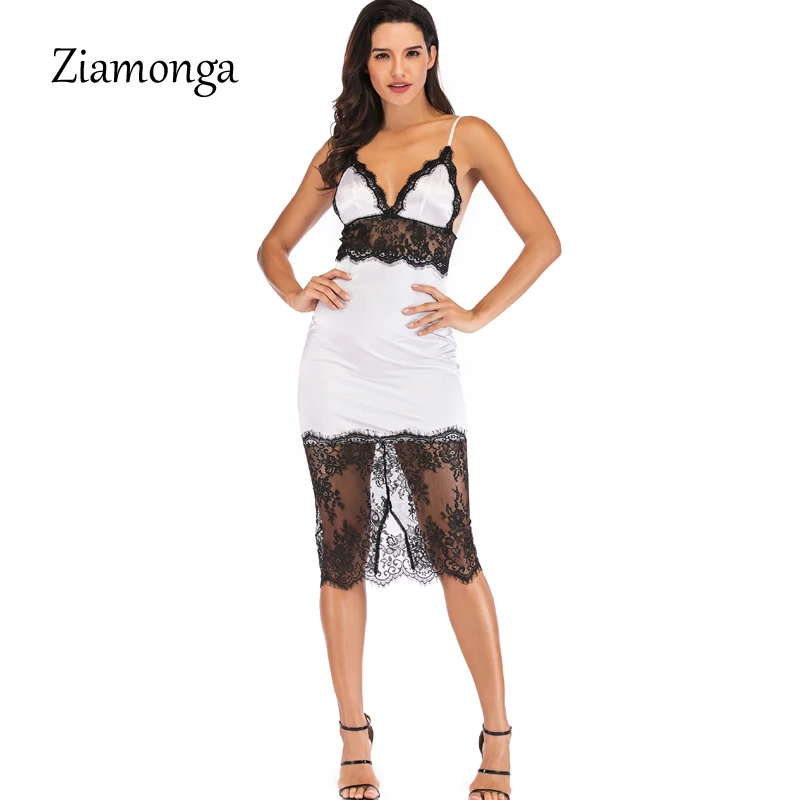 Ziamonga кружева лоскутное атласа сексуальное платье на бретелях с v образным