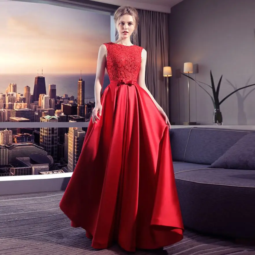 Красный Vestidos de boda invitados Новое Кружевное сатиновое ТРАПЕЦИЕВИДНОЕ красное платье подружки невесты длинное abiti da damigella d'onore недорогое свадебное платье для гостей - Цвет: Красный