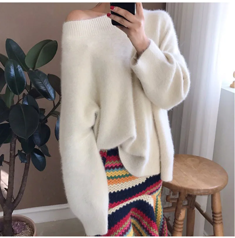 HAMALIEL Sexy Off Shoulder Women Plus Size Knitting Sweater Jumper Autumn Pink Mohair Soft Warm Ladies Casual Loose Pullover | Женская