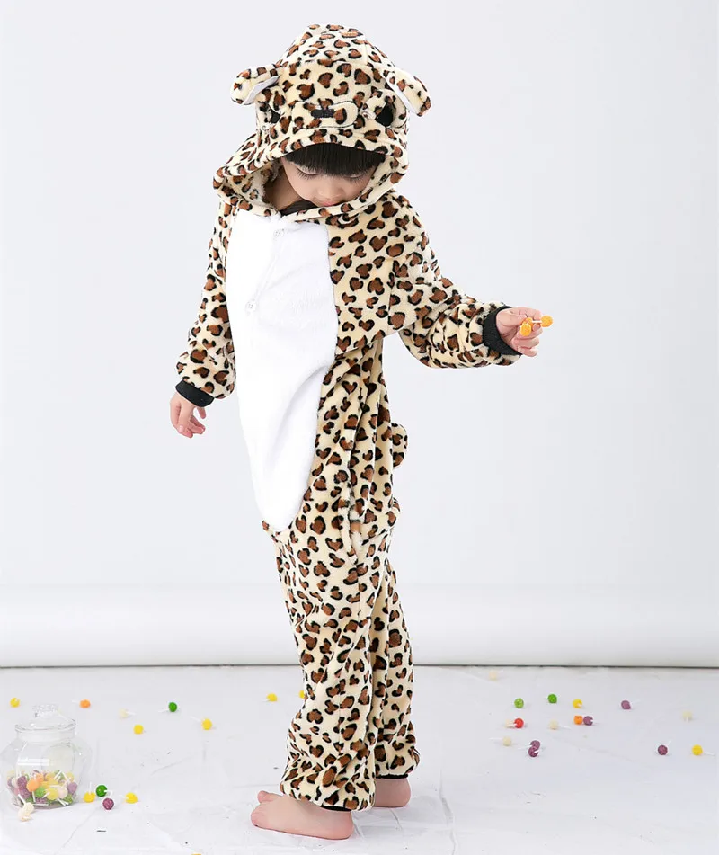 Детские Мультяшные кигуруми Леопардовый Медведь комбинезоны пижамы Косплей
