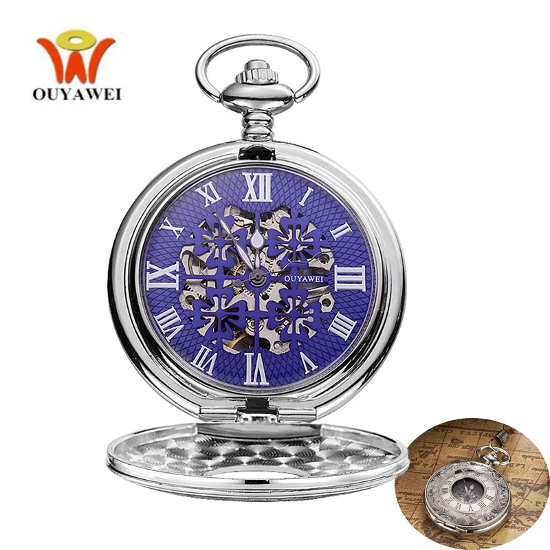 OUYAWEI прозрачная накидка с цветком Механические карманные часы серебряные