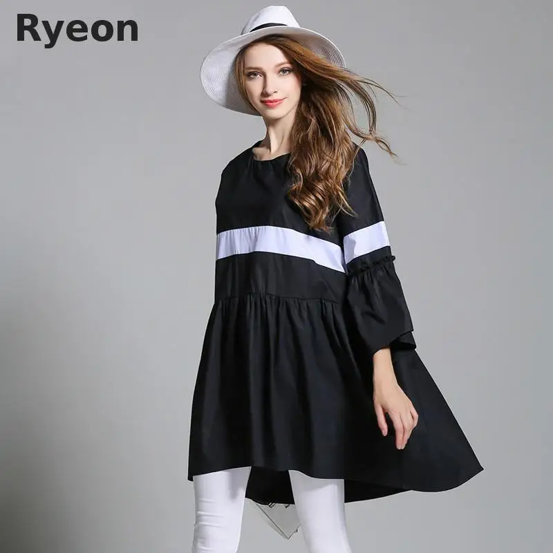 Ryeon Весна Женщин Плюс Размер Платья Повседневная Line Three Четверти Flare Рукавом