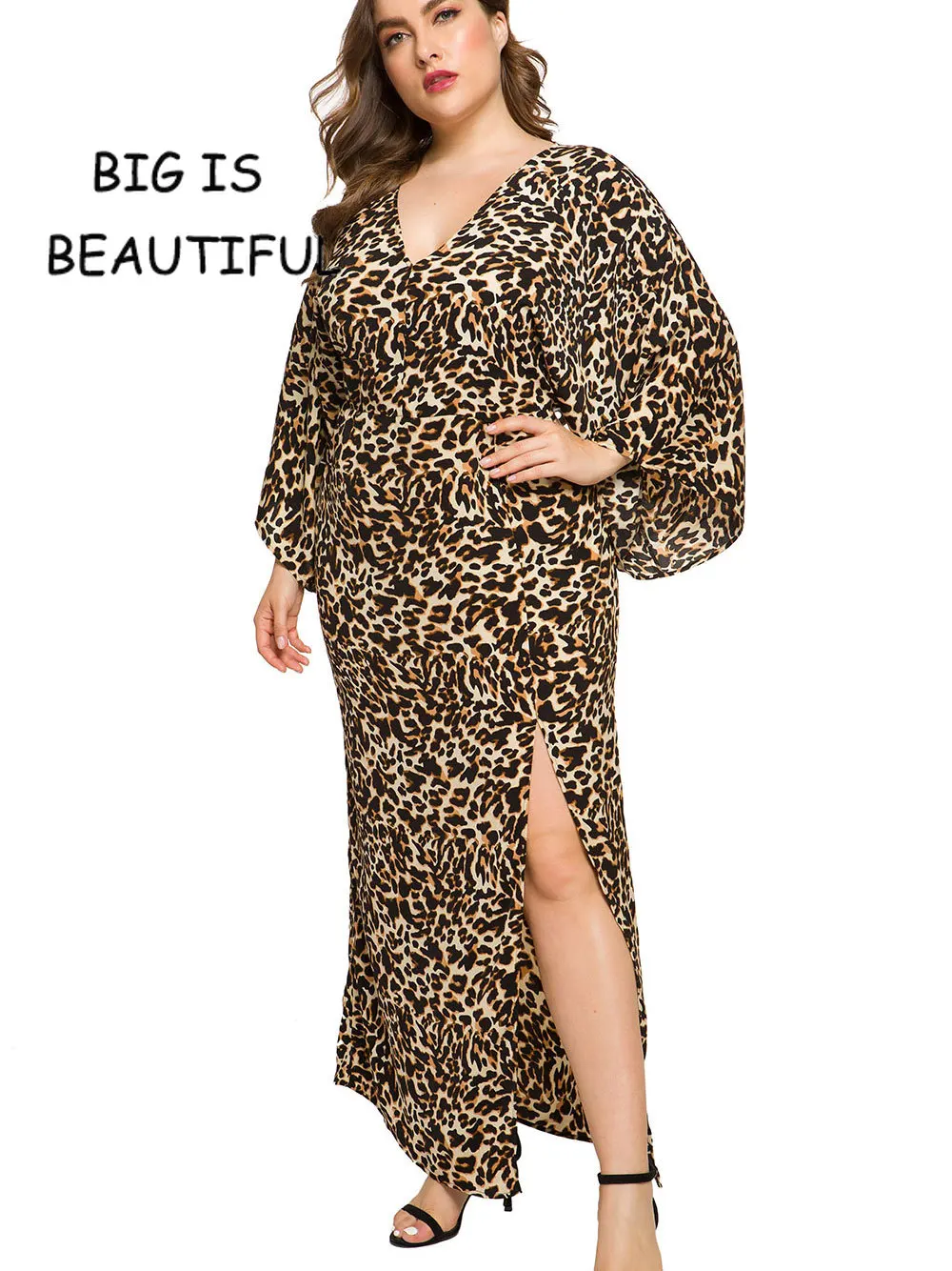 Plus Size Women Maxi Leopard Print Batwing Sleeve Dress Ladies Summer Long Large Vent Dresses Female 6xl Ankle Length | Женская одежда