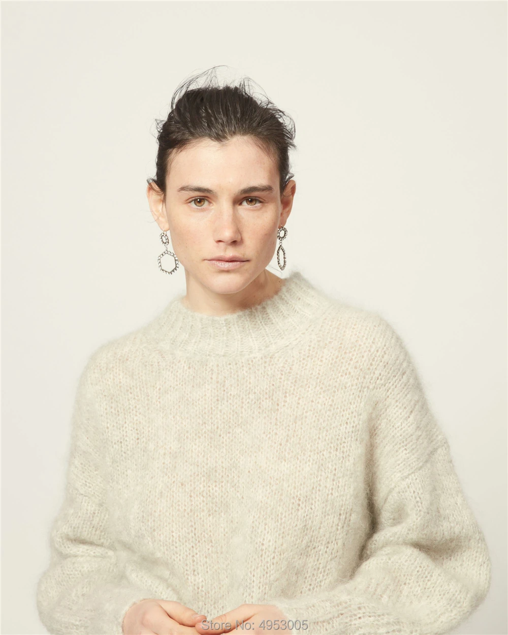 Женский трикотажный кардиган из смеси шерсти и мохера с круглым вырезом вырезами