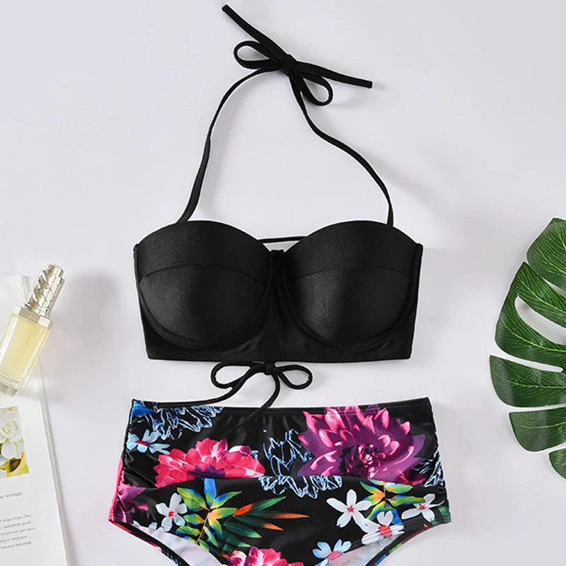 Женский купальник бикини Roseheart черный с перекрестными ремешками пляжный костюм