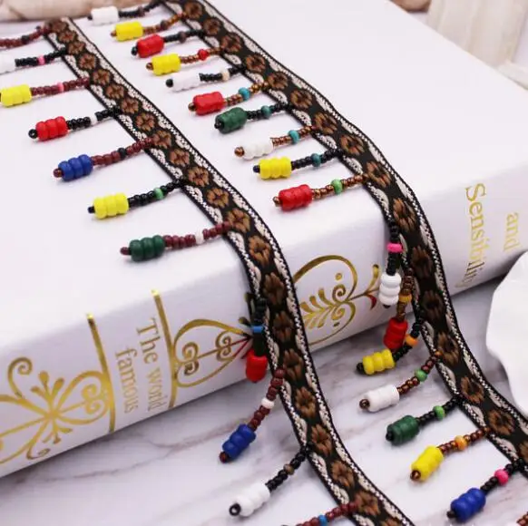 

20Yards Bohemian Ethnic Embroidery Lace Ribbons Beading Lace Fringe Trims Pompom Wood Beads Pendant Collars Curtain Accessories