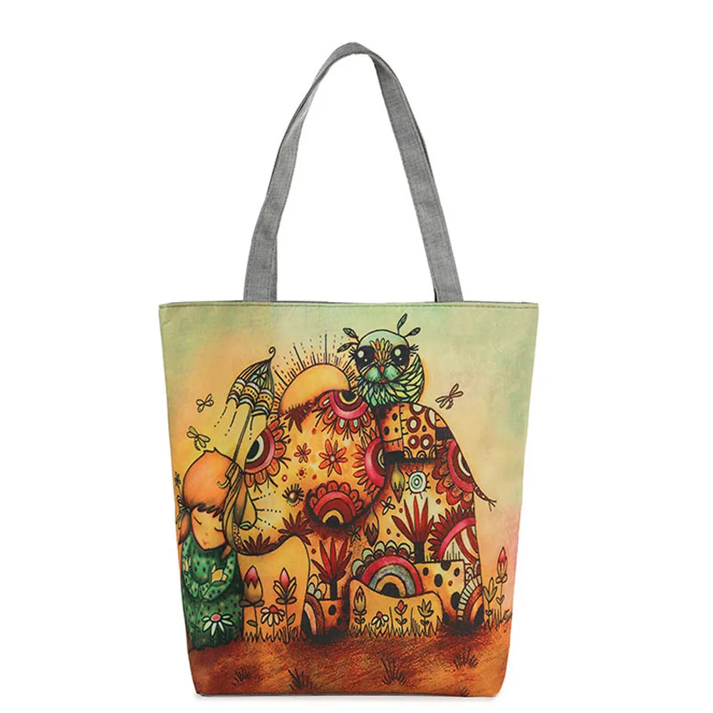 Женская Холщовая Сумка-тоут с принтом слона повседневные пляжные сумки на одно